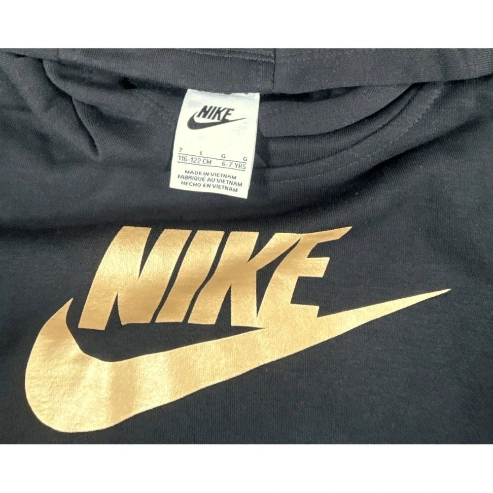 Nike Kids Size 6-7Yrs Large Black Metallic Gold Futura Logo Pullover Hoodie NWT